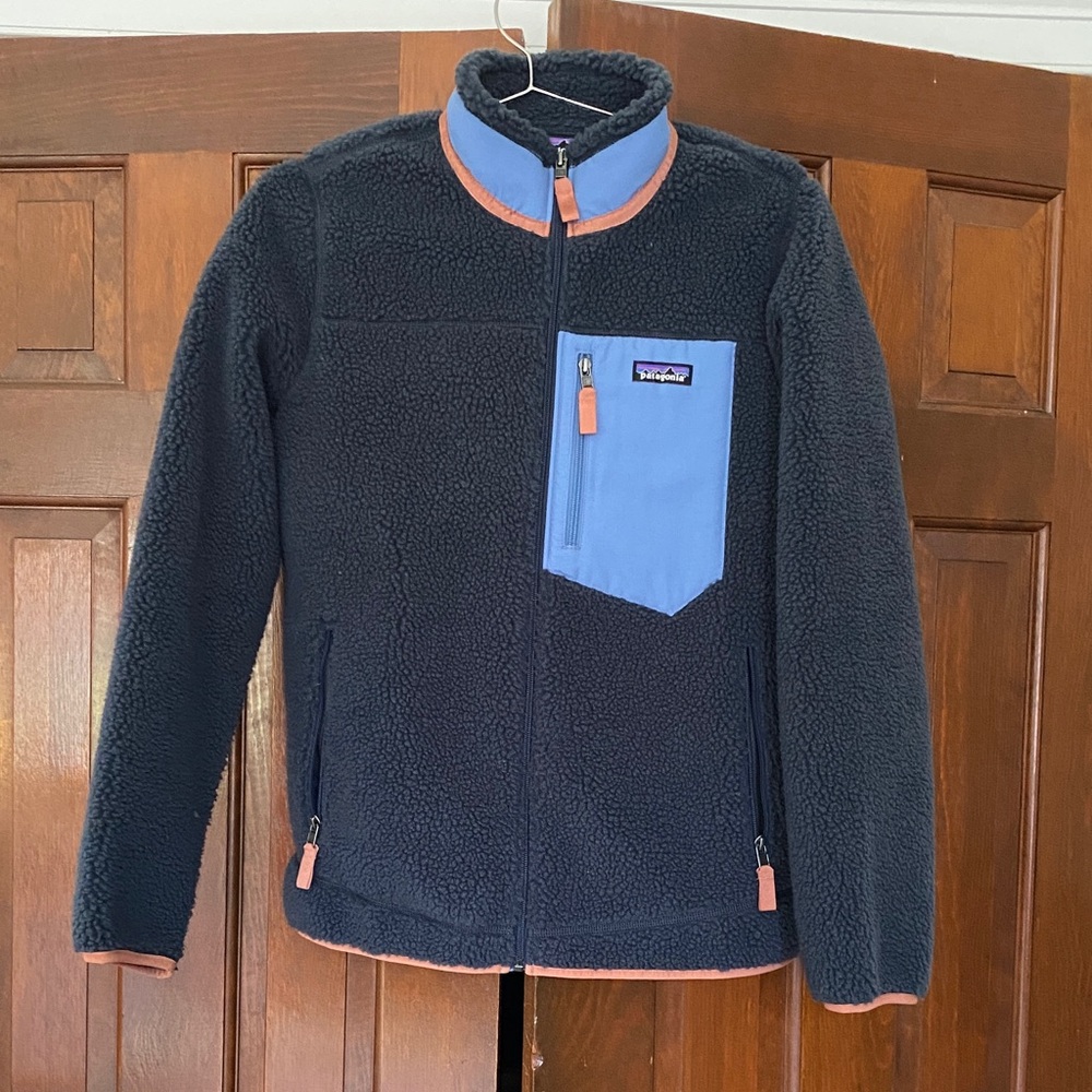 Patagonia Dark Blue Fleece Jacket with Light Blue and Pink Trim